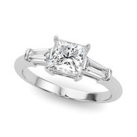 Showcasing a stunning three-stone ring with a princess-cut diamond complemented by two tapered baguette side stones. Delicately secured by intricate prongs, the square-shaped diamond highlights brilliance and regality. The tapered baguette side stones are set in a sleek bar setting, adding a modern touch to the design. This ring combines clean lines with secure settings, making it a perfect choice for those who appreciate both classic beauty and contemporary style. SETTING • Metal: 14k Solid Gold • Setting: Basket Prong • Band: Plain • Appx Metal Weight: 4g STONE DETAILS • Gemstone: Lab-Grown Diamond • Shape: Princess • Color: E/F • Clarity: VS • Cut: Excellent to Ideal • Origin: Sustainably grown with zero emissions • Certificate: Diamonds 0.50 ct. and larger are third-party certified by