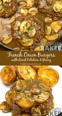 Classic comfort food! Delicious oniony burgers with gravy and roast potatoes. Nothing else necessary/