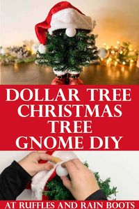 Create the cutest Christmas tree gnomes using supplies from the Dollar Tree. Assemble this holiday gnome decor using a glue gun, mini trees, an ornament, a hat, and a ping pong ball. The easy DIY even comes with a full Christmas tree gnome video tutorial that walks you through the simple steps with alternative supplies so you can use what you have on hand in your craft stash. Join Sarah with Ruffles and Rain Boots for the easy gnome DIY and other Christmas gnome tutorials.