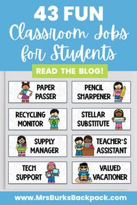 Elementary school teachers, here's your secret classroom management tool for an organized, responsible classroom community. Improve your classroom management with this simple and effective Classroom Jobs Chart! Teach your students responsibility and build community. This student helpers chart with creative student job ideas will transform your teaching experience. Say goodbye to classroom chaos and hello to a well-organized, engaged, and happy class. Find out how in this blog post!