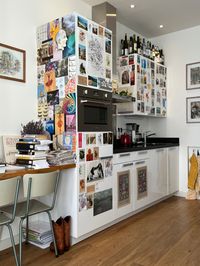 My diy maximalist student house kitchen. Easy to remake yourself by just sticking all types of postcards, drawings and cutouts on there. Looking for materials? The thrift is your best friend :)