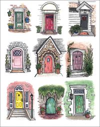 Watercolor wall decor print of many doors to nowhere. Available on Etsy for purchase! Stylish minimalist prints. Watercolor and ink, sketches perfect for blank walls.