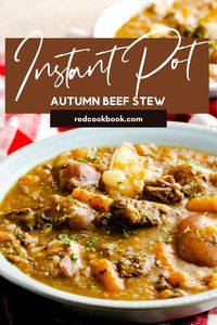 A comforting and hearty beef stew made in the Instant Pot with baby red potatoes, carrots, and onions.