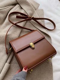 Brown  Collar  PU Leather Plain Square Bag Embellished   Women Bags