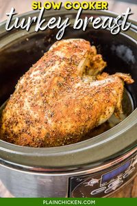 Slow Cooker Turkey Breast recipe - seriously delicious! Just season the turkey breast and throw it in the slow cooker. Ready to eat in about 5 hours. We LOVE this fuss-free turkey!! Bone-in turkey breast, olive oil, garlic powder, seasoned salt, paprika, Italian seasoning, black pepper, and onion powder. Low-carb, keto-friendly, and gluten-free. Great for Thanksgiving and Christmas or just when you have a craving for a good turkey sandwich!!