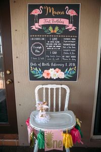 High chair + fact board from a Party Like a Pineapple Tropical Birthday Party on Kara's Party Ideas | KarasPartyIdeas.com (16)