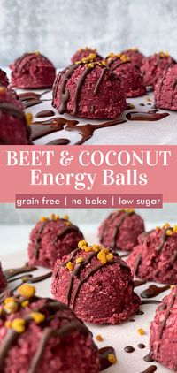 These 3 ingredient Coconut Protein Balls are easy to make, low carb, Paleo, Keto and Vegan. They contain beet root powder for added nutrition and a fun pop of color. #energyballs #lowcarb #coconut