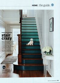 Love!!!  Ombre Stairs from Real Simple March 2013: "Choose consecutive colors on the same paint strip. For [these stairs], we used five shades, on three stairs apiece. A small, angled brush is best for edges; use a larger brush to fill in. From top: Icing on the Cake, Forget Me Not, Spectra Blue, Peacock Blue, Teal Ocean". Benjamin Moore paint.