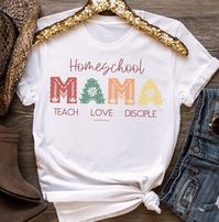 "Our colorful \"Homeschool Mama Teach Love Disciple\" shirt is perfect for any Christian homeschool mom! Our premium tee is soft and lightweight, with just the right amount of stretch. It's comfortable and flattering! QUALITY We use a high quality direct to garment printing process which leaves a permanent image using high quality inks. These images will not rub, peel, or scratch off. SIZING This shirt is unisex sized, so it may run big for women. When in doubt of your size, measure one of your