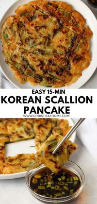 Pajeon. A savory, crispy pancake made of green onions served with a delicious dipping sauce. A simple and easy Korean scallion pancake recipe using minimal ingredients, ready in 15 minutes!