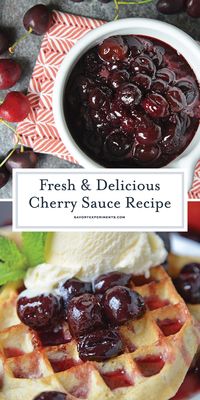 This Fresh Cherry Sauce is a yummy way to use fresh cherries. Spoon over ice cream, cake, waffles and more!  #cherrysaucerecipe #freshcherryrecipes #desserttoppings www.savoryexperiments.com