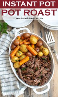 This tender Instant Pot Pot Roast with carrots and potatoes and a luscious, flavorful gravy is just what is in order for the cooler fall and winter months. #instantpot #pressurecooking #pressurecooker #potroast #beef