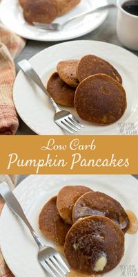 Need a recipe to use up leftover canned pumpkin? These gluten free low carb pumpkin pancakes made with almond flour are a nice breakfast treat. | LowCarbYum.com