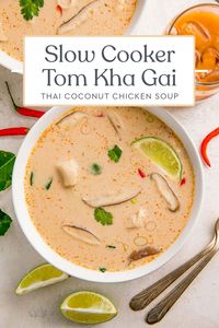 This slow cooker version of my best-ever tom kha soup recipe (or Thai coconut chicken soup) is absolutely perfect… and made to be easier than ever! Light, yet filling and full of tangy flavor, it's the best tom kha gai recipe I've ever made or tried and is so creamy, easy, and delicious.