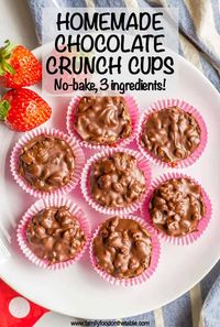 Homemade crunch cups are an easy, no-bake 3-ingredient recipe that’s perfect for a yummy chocolate treat! These can also be made gluten-free, vegan and dairy-free. #chocolatecandy #homemadecandy #chocolatecrunch #valentinesday