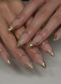 almond nail inspo, gold chrome, chrome french