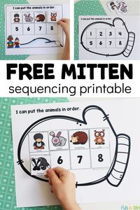 Read a favorite winter book with preschool, pre-k, and kindergarten kids. Then use the free The Mitten sequencing activity printable to review the sequence of animals in the book. Great for practicing both math and literacy skills with kids. Click on the Fun-A-Day.com link to request the printable.