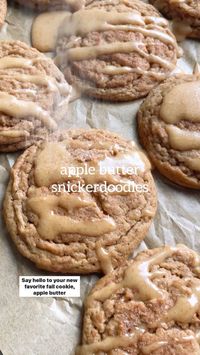 Apple Butter meets snickerdoodle cookies and my heart has never been happier! Made with apple butter, rolled in cinnamon and sugar, and finished with an apple butter glaze. It's a hug in cookie form; soft, pillowy, thick cookie deliciousness!