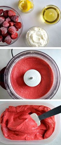 BLISS! | healthy + quick frozen strawberry yogurt. I swapped the strawberries for a frozen summer fruits berry mix.