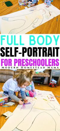 Have your preschooler or kindergartener create a full body self portrait for their all about me theme! Using bulletein board paper or easel paper, trace the outline of your child and color in their features together for connected art time.