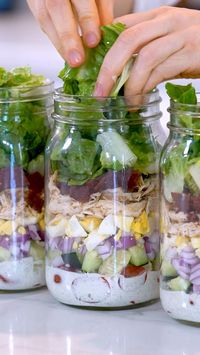 These mason jar cobb salads can be meal prepped days in advance for a healthy lunch meal prep option! They’re high protein and high fiber. Healthy salad recipes. Healthy lunch recipes. Easy lunch ideas. #mealprep #lunch #salad