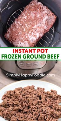 How to cook Frozen Ground Beef in the Instant Pot. Fast and convenient way to thaw and cook a frozen block of ground beef. Use your pressure cooker to quickly cook frozen hamburger meat. How to cook frozen hamburger in the Instant Pot! simplyhappyfoodie.com #instantpotgroundbeef #pressurecookergroundbeef instapot hamburger