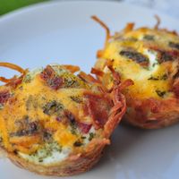 Breakfasts Hashbrown/egg/bacon/cheese muffins    take a bag (24oz) of thawed hash browns, mix in 2 tsp salt, 1 tsp fresh ground black pepper, 2 tbs oil and about 1/3 c shredded cheddar cheese. Put then in a well greased muffin tin, and make a well in the center.  Bake at 425°F for 15-18 minutes, cover with foil if the edges appear to be getting too brown.