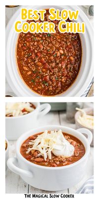 This slow cooker chili recipe will leave the crockpot empty and your family asking for more. It calls for simple pantry favorites that make for a hearty chili that's absolutely delicious. It truly doesn't get much easier than this dump-and-go recipe - perfect for busy weeknights or weekends. - The Magical Slow Cooker