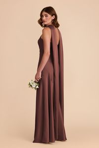 A halter neck gown with a dramatic yet elegant train. Available in Chocolate Brown. Shop Birdy Grey! This halter neck gown, with a dramatic train, is as equally elegant as it is show-stopping. | Chocolate Brown Bridesmaid Dress Matte Satin Size Medium | Birdy Grey Eileen