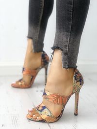 Peacock Feather Print Heel Sandals