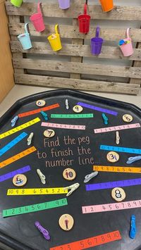 Miss LVT on Instagram: "Maths Week 💫 We are celebrating all things maths this week and I’m starting off with probably one of my favourite tuff tray set ups so far this year 😍 The children have been challenged to count up the number line and identify the missing number. They then have to find that number on a peg and peg it on. So we’re covering counting forwards (and backwards on some number lines), number recognition and of course some fine motor development to use those pegs 👏🏻 As an addit