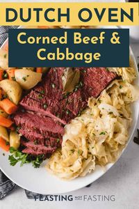 Dutch oven corned beef and cabbage is the perfect one pot St. Patrick's Day meal! This Irish-American dish gets simmered for several hours in Guinness and beef broth with potatoes and carrots until it's fall apart tender and delicious. via @Feasting Not Fasting