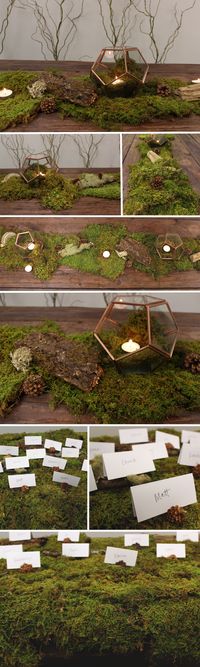 Super easy DIY table runner using Sheet Moss, Curly Willow Branches, some assorted forest accessories, and terrariums with tea lights! - FiftyFlowers.com