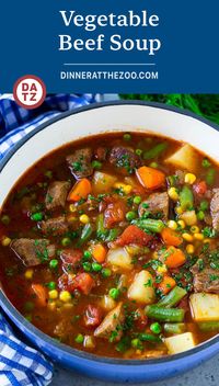 This vegetable beef soup is made with tender chunks of beef, plenty of vegetables and potatoes, all simmered in a tomato broth.