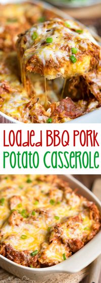 This crowd pleasing recipe is sure to be a hit at your next barbecue or picnic! This Loaded BBQ Pork Potato Casserole is so easy to make and crazy delicious. Comfort food at it's best! // Mom On Timeout #dinner #recipe #pork #potatoes #casserole #recipe #cheese