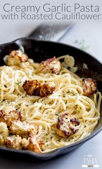 This Creamy Garlic Spaghetti with Roasted Cauliflower is an elegant yet simple vegetarian pasta dinner. Perfect for entertaining or meatless Monday.