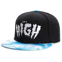 Funny high quality embroidered Sky High cap. High profile 5-panel baseball hat with bright blue squatchee button and printed bill with fluffly white cloud pattern. One size fits most with snapback adjustment.Free shipping from abroad. This hat typically arrives in about 2 weeks to the USA.