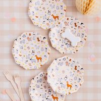 It's pawty time! Featuring a warm neutral color palette and gold foil elements, these puppy dog plates are definitely best in show!Illustrated by Hello!LuckyPaper Dessert PlatesPack of 8Approx: 7.5"Gold foil detailsNot safe for microwave use