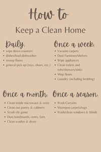 How To Keep A Clean Home. Use these simple lists to break down cleaning in your home into daily, weekly, & monthly tasks to make it less stressful when trying to get it all done. Breaking down cleaning helps me to feel more accomplished with less stress and allows me to stay organized and give me more time to myself instead of being overwhelmed by all that needs to be done around the house. Cleaning Tips, Daily Cleaning, Clean Home, Monthly Cleaning, Cleaning Lists, Cleaning Schedule, Self Improvement.