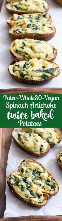 These spinach artichoke twice baked potatoes are so creamy and packed with "cheesy" flavor that you won't believe they're dairy free, Paleo, Whole30 compliant and vegan! Great as a side dish or main course along with a salad.