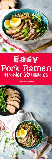 Easy Pork Ramen - Thinly sliced, perfectly cooked, juicy pork tenderloin and an egg with a gloriously runny egg yolk, crunchy Asian greens, and flavorful mushrooms, all swimming in a scrumptious and flavor-packed ramen noodle broth. All in less than 30 minutes! 