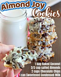 These delicious 4 ingredient Almond Joy Cookies are one of the easiest cookies you could ever make! Filled with sweet flaked coconut, chocolate, and crunchy almonds, this is a cookie you'll be happy to whip up any time the craving hits.