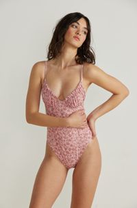 Mink pink swim light pink floral detail full piece swim rufflr detail