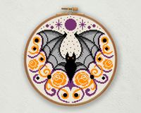 Halloween bat cross stitch pattern. This pattern is an instant download PDF. ● Fabric: Aida 14 count. You can use other fabrics too, like aida 16 or 18 count. ● DMC Colors: 6 ● Design size: 109 stitches wide x 109 stitches high. ● Finished size (on 14 count): 7.78 x 7.78 inches // 19.78 x 19.78 cm ● In the pictures, the fabric represented is in light beige and white color. Digital download pattern includes: - Digital reproduction of the finished embroidery. - Color and symbols pattern in one pag