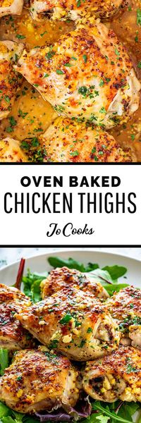 This Oven Baked Chicken Thighs recipe is a force to be reckoned with! Simple and deliciously baked chicken with a mustard, honey glaze - this dish is definitely going to be a top-contender in your weekly recipe planning! #ovenbaked #chickenthighs #thighs #chicken