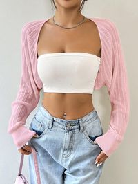 Pink Casual Collar Long Sleeve Knitwear Plain  Embellished Slight Stretch  Women Clothing