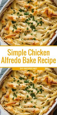 Learn how to make this easy and creamy chicken Alfredo bake. Packed with chicken, pasta, and layers of gooey cheese!