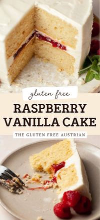 This easy to make Gluten Free Vanilla Raspberry Cake has two layers of soft, tender vanilla almond cake, filled with delicious raspberry jam and frosted with vanilla buttercream. Perfect for Mother's Day.