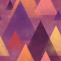 This brightly colored design is an abstract geometric pattern of overlapping triangles that resemble misty mountains in sunset colors of yellow, orange, pink and purple.