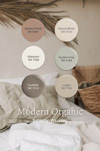 There's a palette for every aesthetic. Order a Sherwin-Williams peel & stick sample in these colors to see how they might look in your space. #sherwinwilliams #paint #painting #diy #renovation #decor #interiordesign #colorpalette #palette #modernorganic